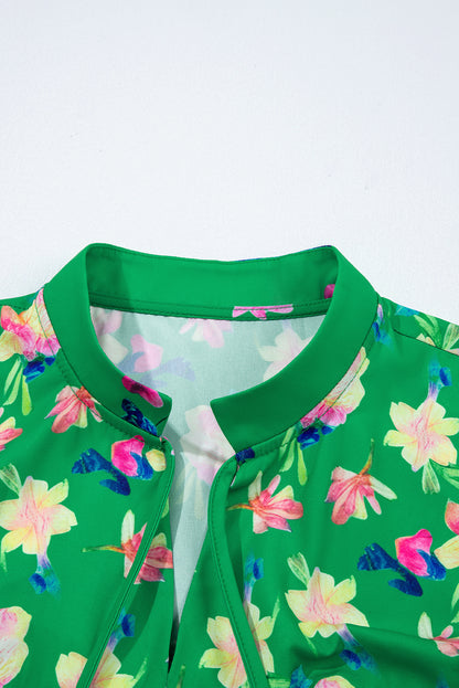 Green Floral Detail Tie Split Neck Short Sleeve Blouse