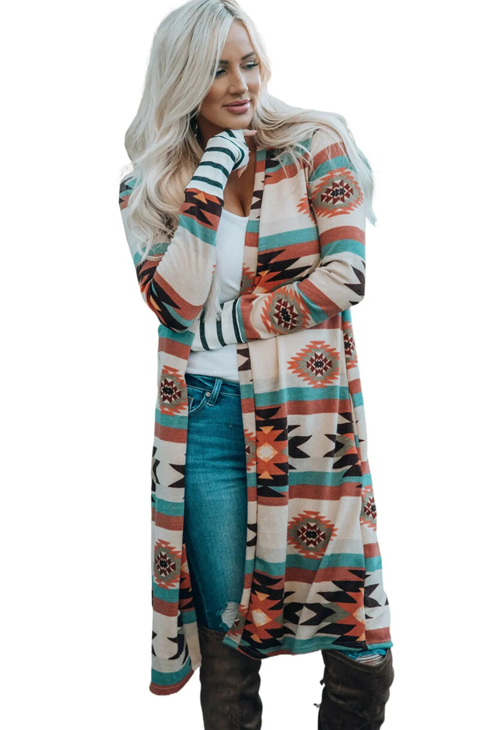 Multicolor Geometric Color Block Open Front Long Cardigan - Chic Meadow Boutique 