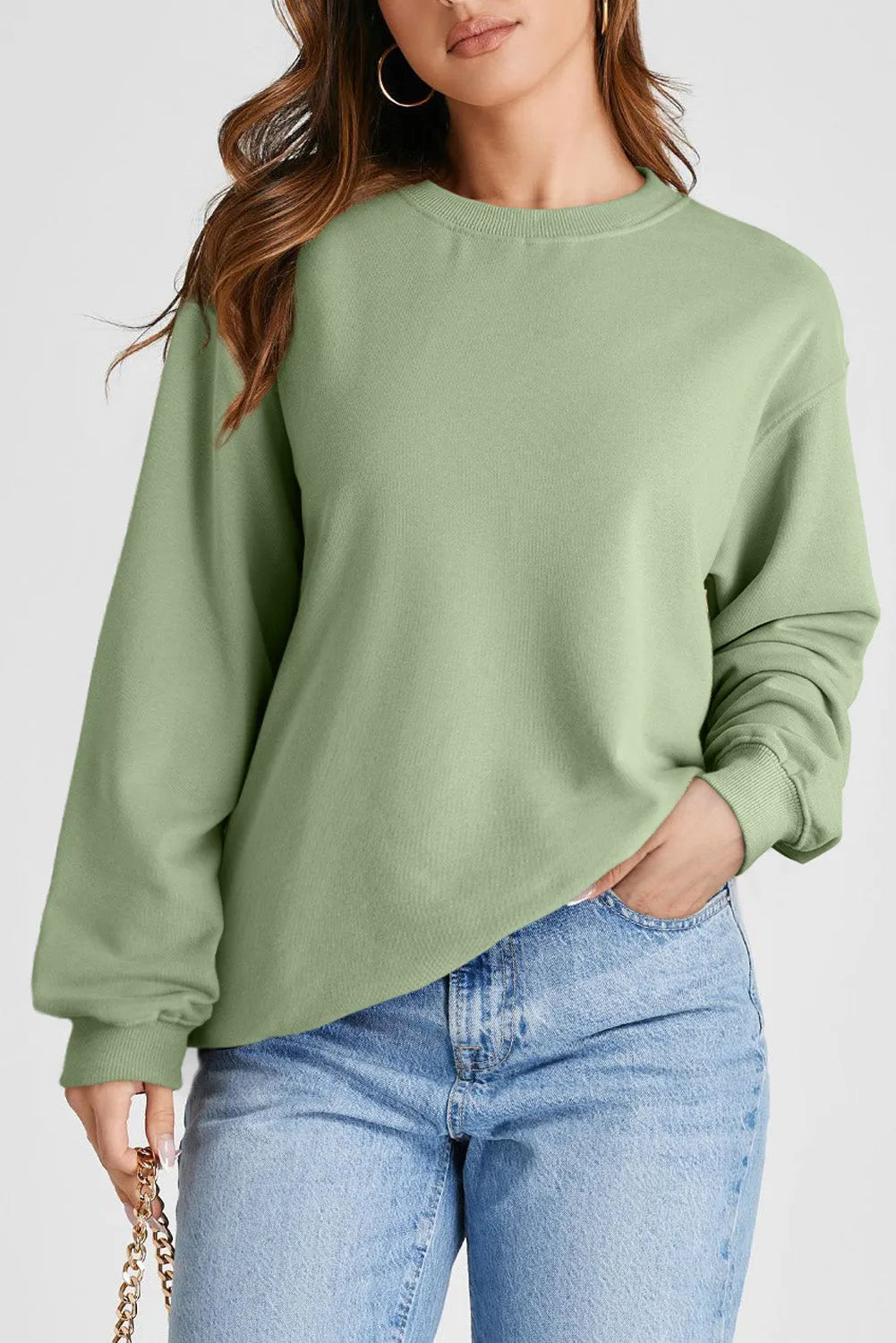 Smoke Green Plain Drop Shoulder Crewneck Pullover Sweatshirt - Chic Meadow Boutique 