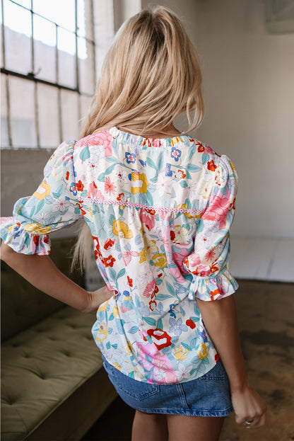 Pink Boho Flower Print Half Puff Sleeve Blouse