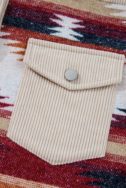 Multicolour Western Aztec Striped Patchwork Double Flap Pocket Raw Hem Shacket