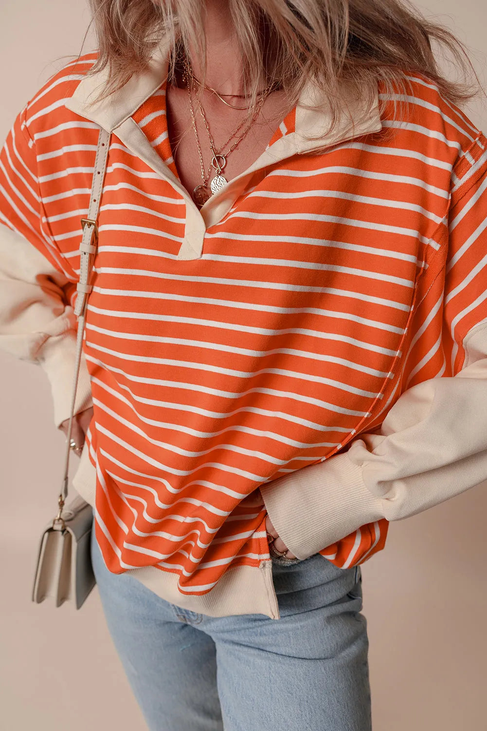 Orange Stripe Color Block Loose Fit Collared Drop Shoulder Sweatshirt - Chic Meadow Boutique 