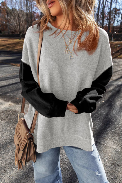 Gray Two Tone Patchwork Drop Shoulder Pullover Sweatshirt - Chic Meadow Boutique 