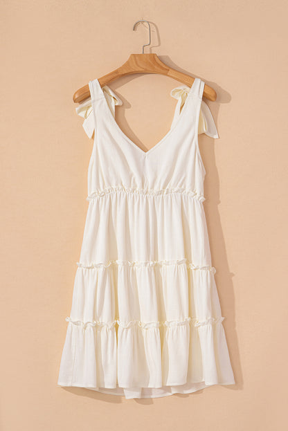 Oatmeal Solid Color Tied Straps Ruffle Tiered Mini Dress