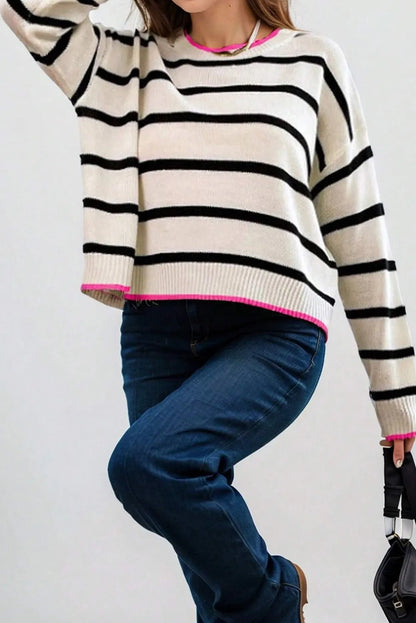 White Stripe Color Contrast Drop Shoulder Crew Neck Sweater - Chic Meadow Boutique 