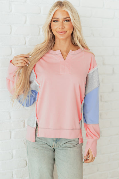 Apricot Pink Exposed Seam Color Block Patchwork Slit Cuffs Oversize Sweatshirt