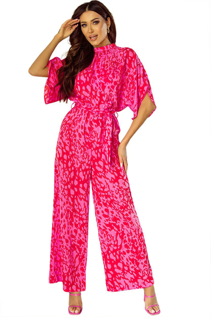 Rose Leopard Loose Sleeve Belted Wide Leg Jumpsuit - Chic Meadow Boutique 