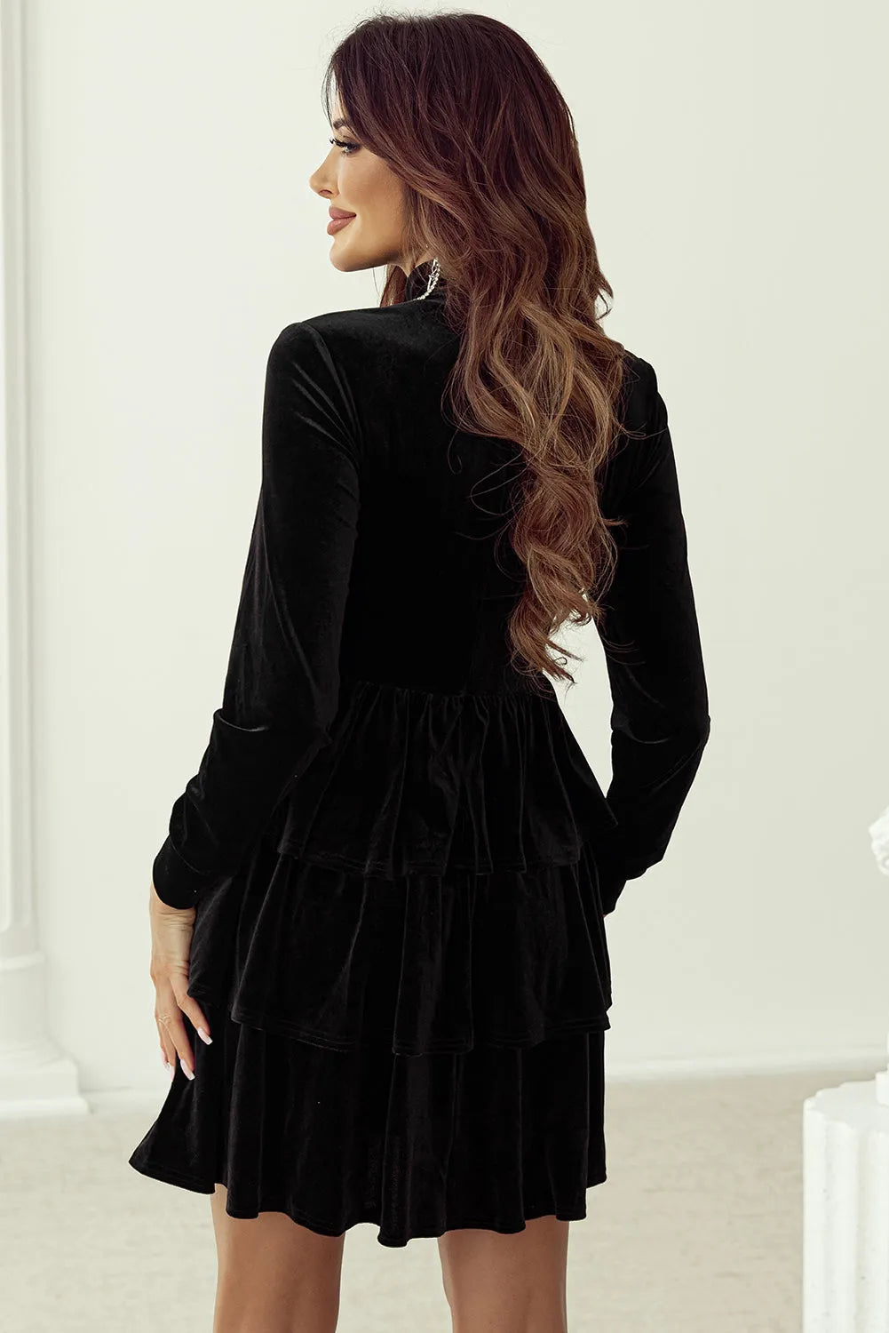 Black Velvet High Neck Tiered Ruffle Mini Dress - Chic Meadow Boutique 