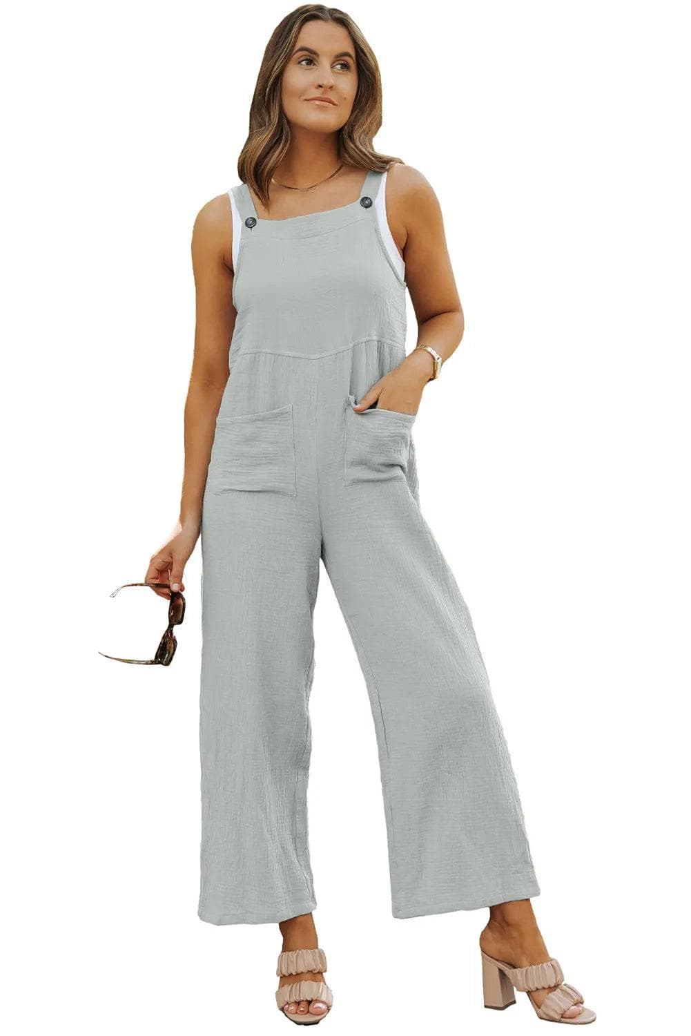 Bottoms/Jumpsuits & Rompers Gray Textured Wide Leg Overall with Pockets