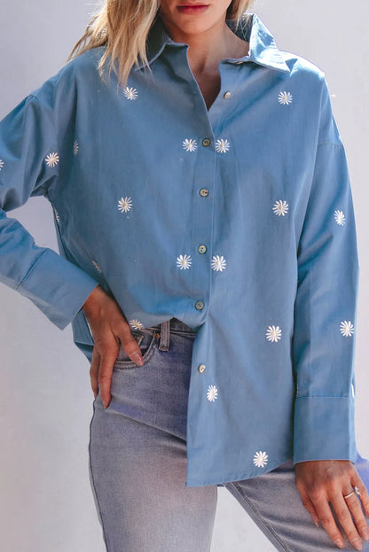 Dusk Blue Floral Embroidered Curved Hem Tunic Shirt - Chic Meadow Boutique 