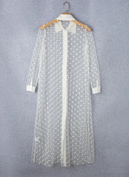 White Polka Dot Print Collared Buttoned Mesh Duster Kimono - Chic Meadow Boutique 