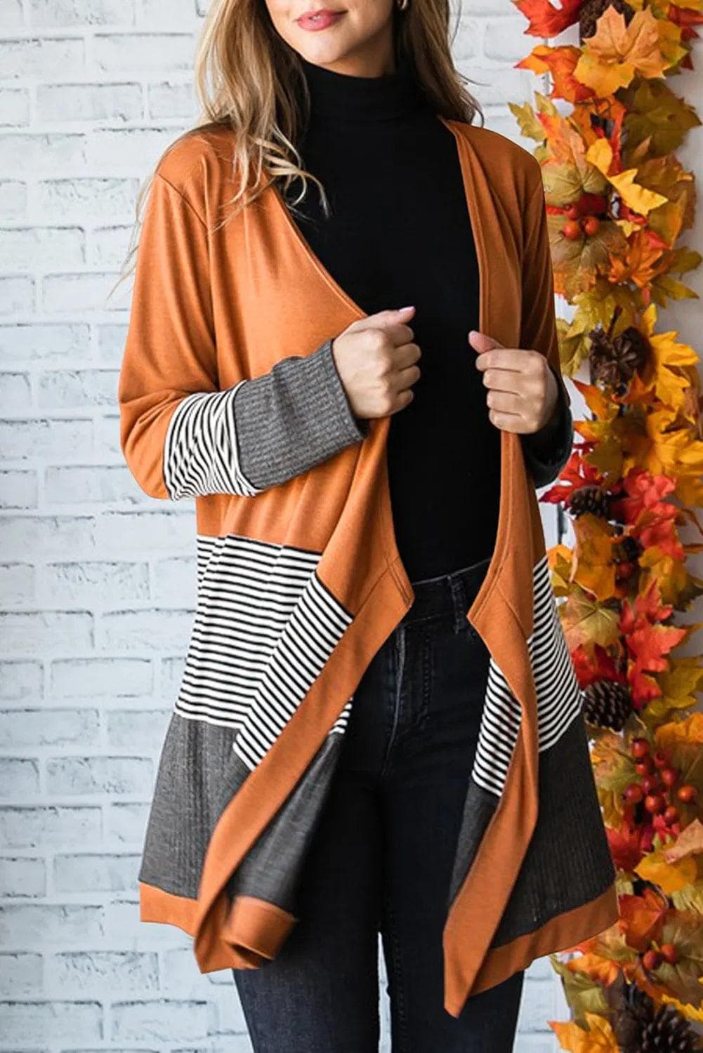 Sweaters & Cardigans/Cardigans Orange / S / 80%Polyester+20%Cotton Orange Colorblock Striped Patchwork Open Cardigan