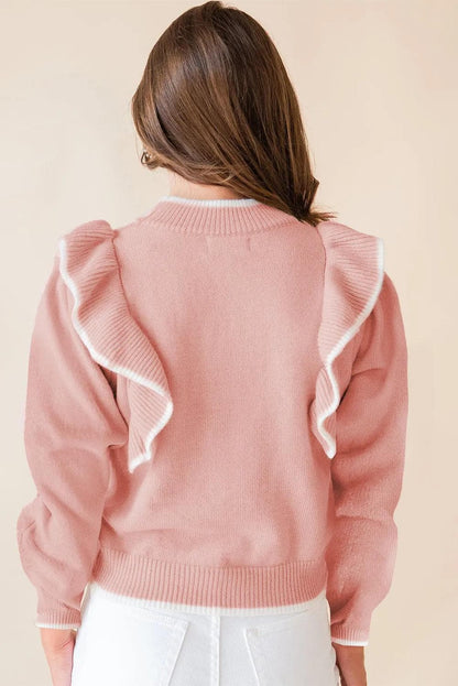 Sweaters & Cardigans/Sweaters Light Pink Ruffled Bowknot Ribbed Trim Long Sleeve Sweater