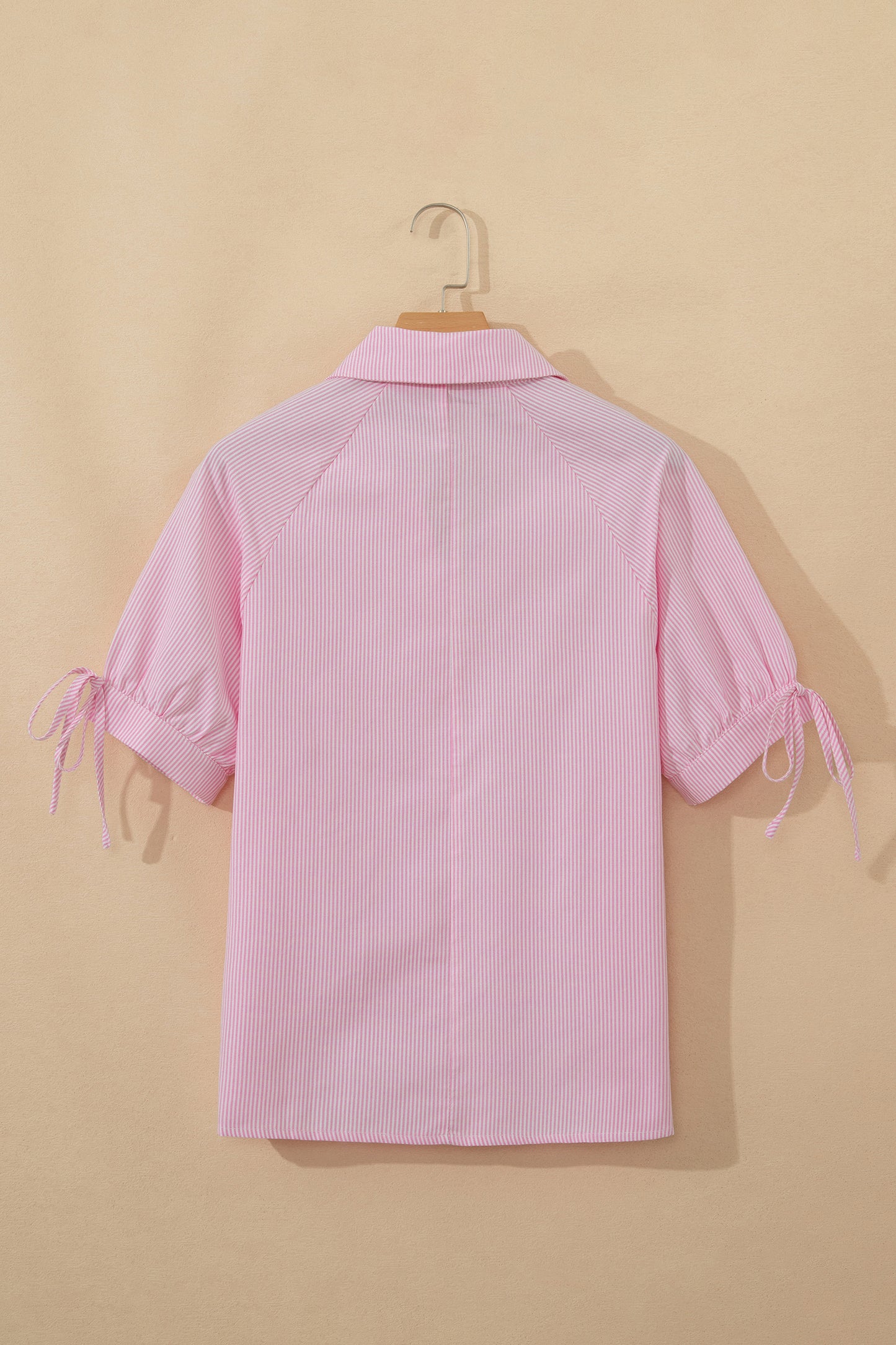 Pink Striped Print Collared Split Neck Half Sleeve Blouse