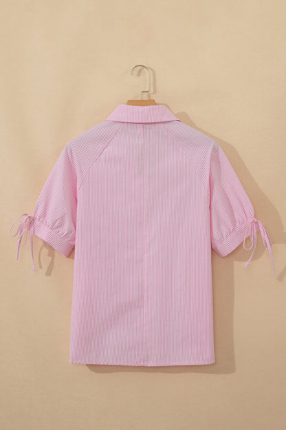 Pink Striped Print Collared Split Neck Half Sleeve Blouse