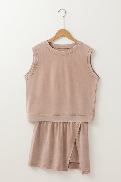 Smoke Gray 2 Pieces Mineral Wash Cotton Tank Top Lined Split Skirt Set