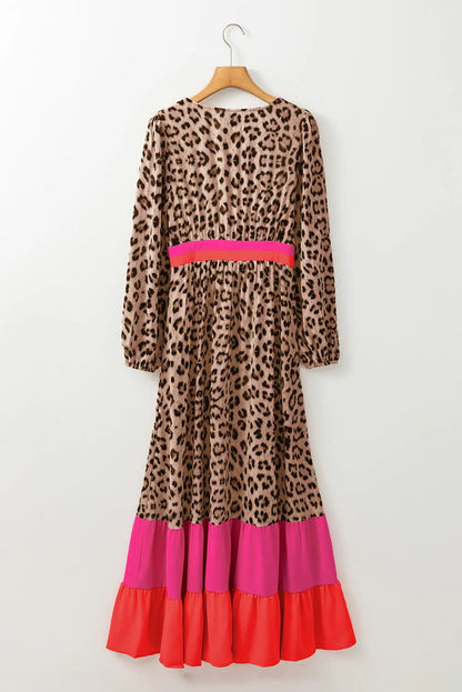 Brown Leopard Color Block V Neck Loose Fit Maxi Dress - Chic Meadow Boutique 