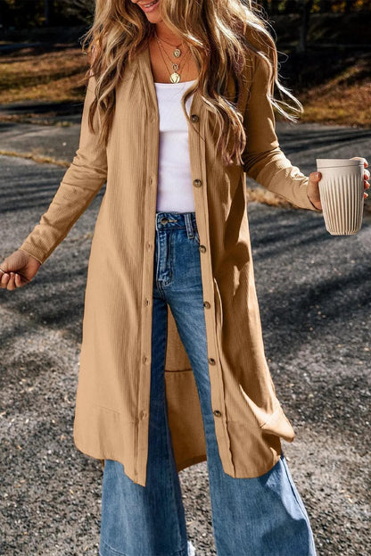 Tops/Sweaters & Cardigans Light French Beige Ribbed Button-Up Split Duster Cardigan