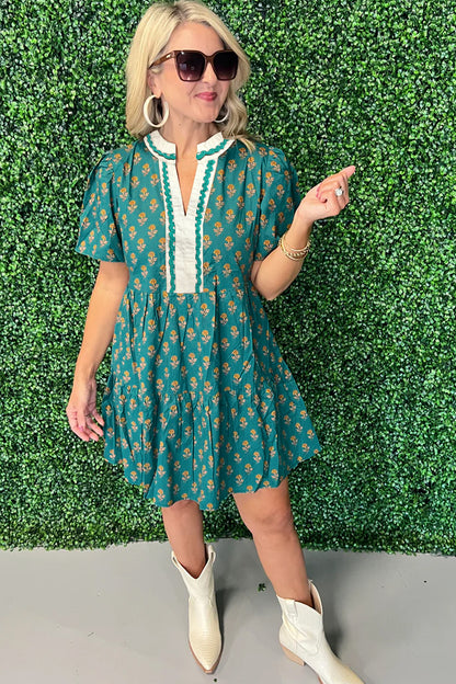 Green Contrast Trim V Neck Short Sleeve Floral Dress