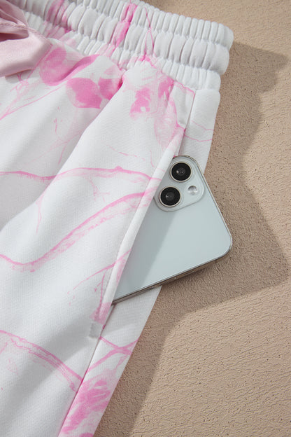 Pink Abstract Plant Print Long Sleeve V Neck Pant Set