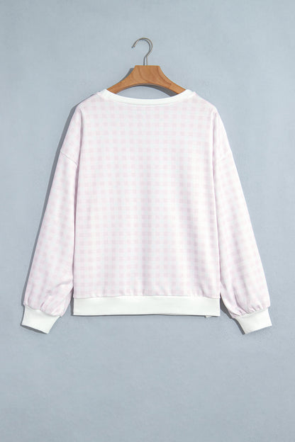 Pink Plaid Round Neck Long Sleeve Sweatshirt