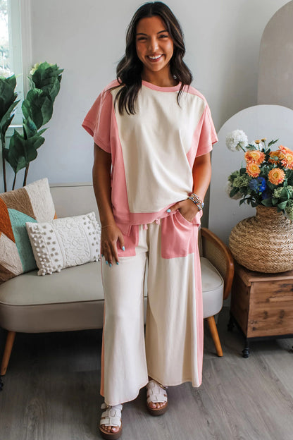 White Two-tone Color Block Patchwork Tee Drawstring Loose Pant Set