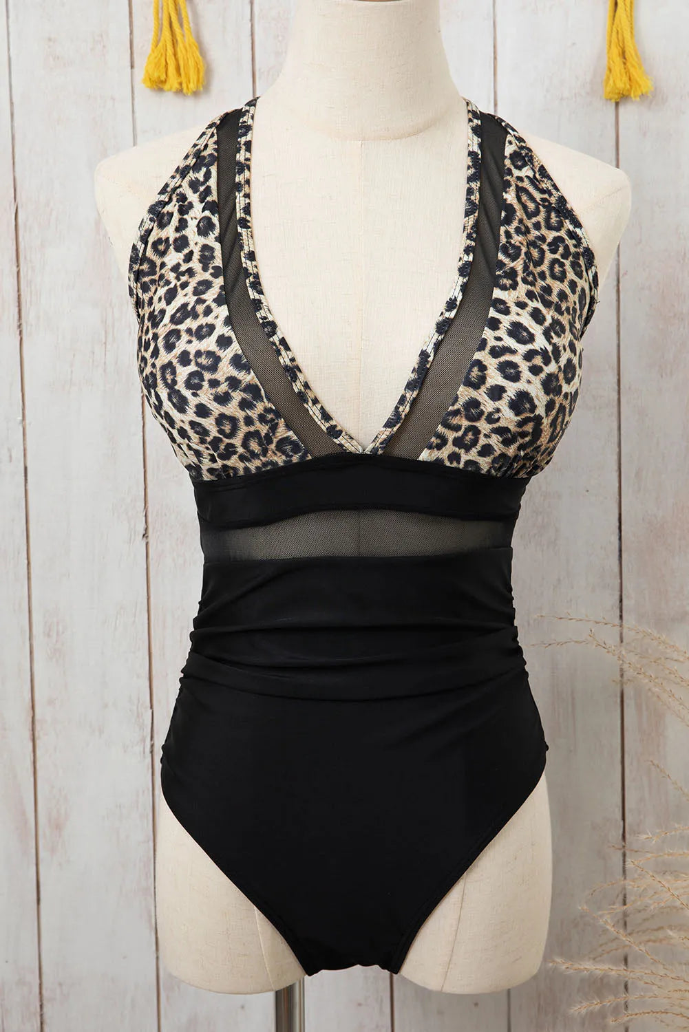 Brown Leopard Mesh Insert V Neck High Waist Monokini - Chic Meadow Boutique 