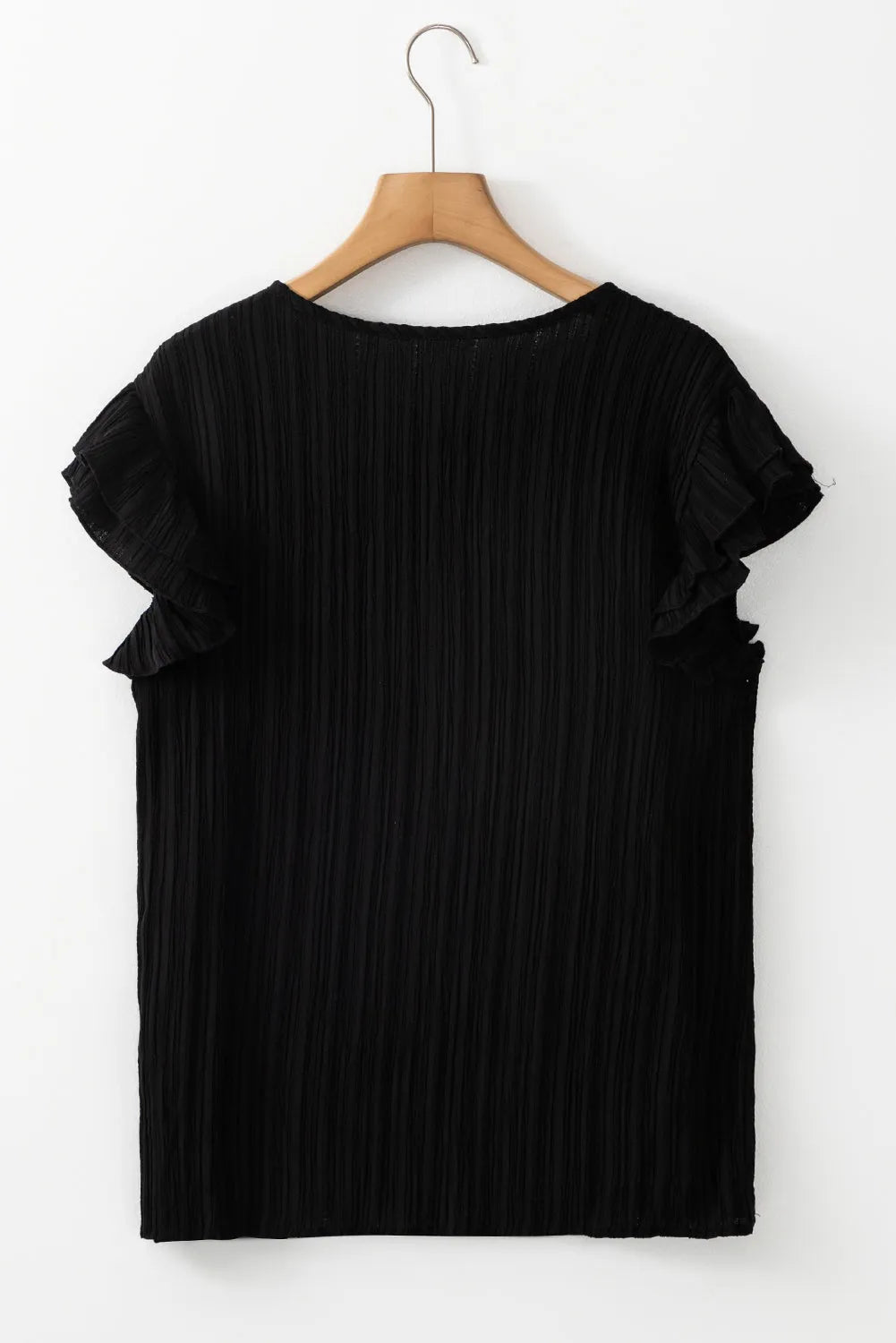 Black Textured Ruffled Sleeve V Neck Top - Chic Meadow Boutique 