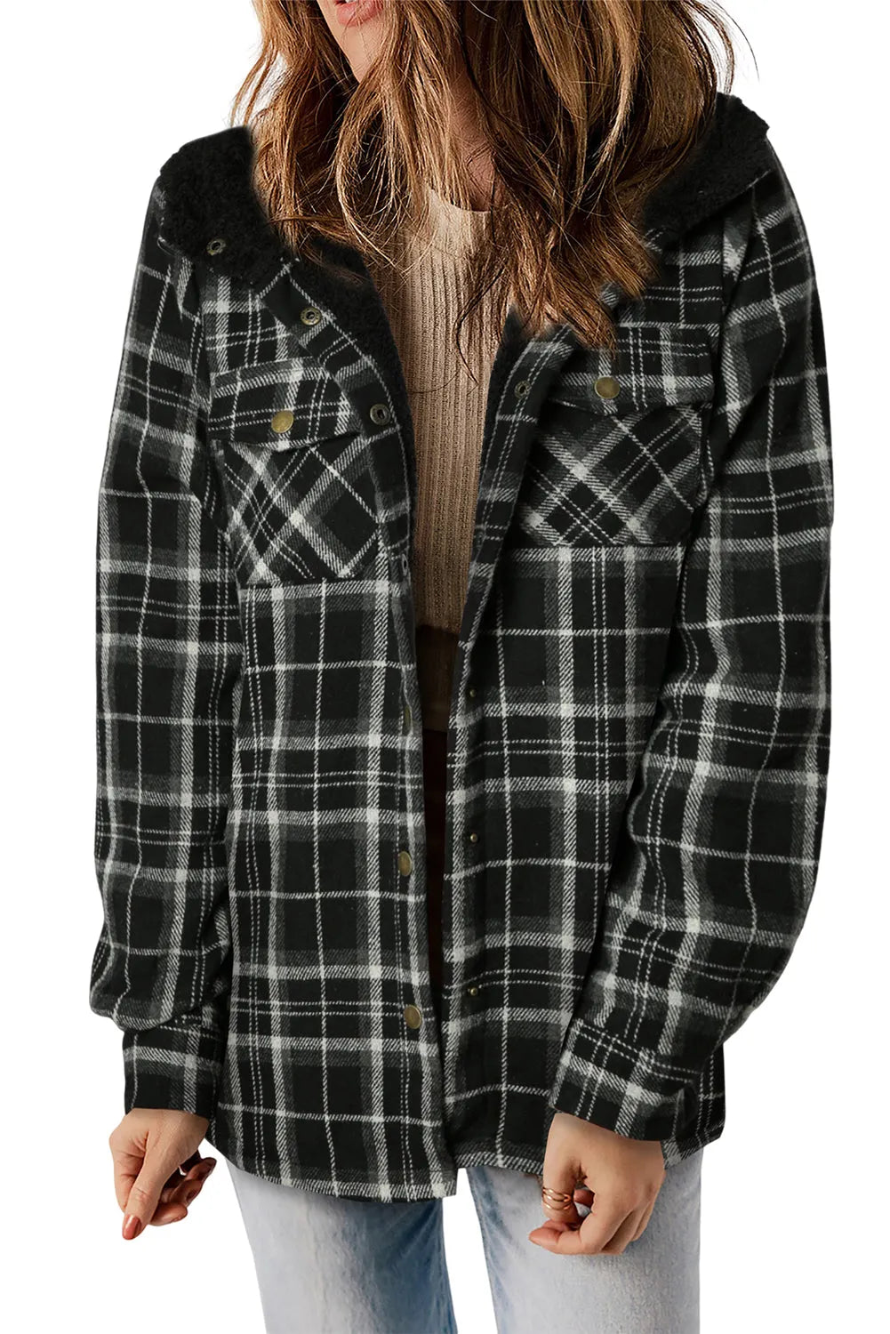 Black Plaid Pattern Sherpa Lined Hooded Shacket - Chic Meadow Boutique 