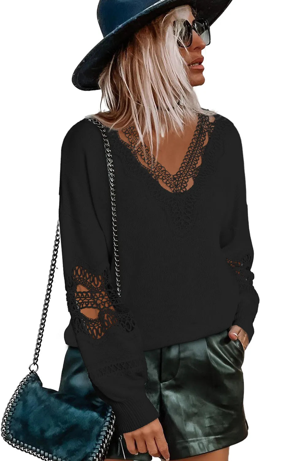 Black Hollowed Lace Splicing V Neck Loose Sweater - Chic Meadow Boutique 