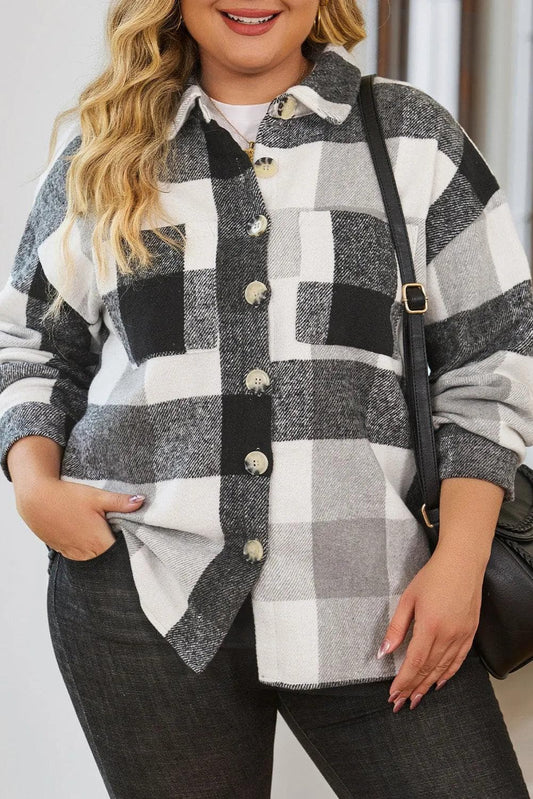 Plus Size/Plus Size Outerwear Gray / 1X / 100%Polyester Gray Plus Size Checkered Button-Up Shacket