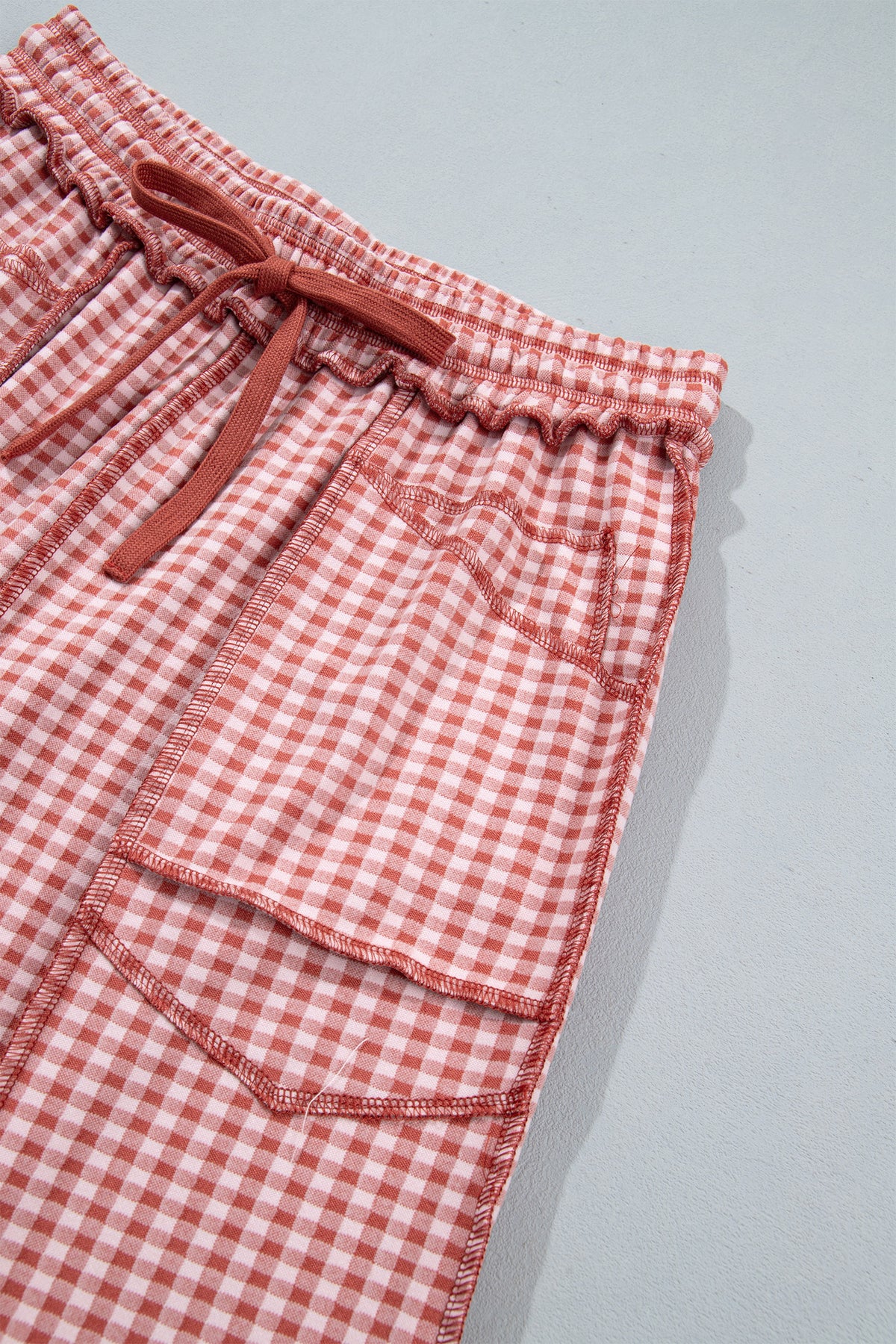 Red Plaid Contrast Trim Drawstring Elastic Waist Shift Pants