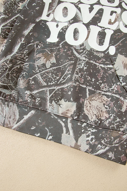 Brown Retro Camouflage Jesus Loves You Print Relaxed Hoodie