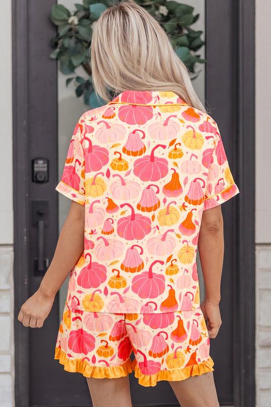 Pink Short Sleeve Pumpkin Print Pocket Placket Shell Button Lounge Set