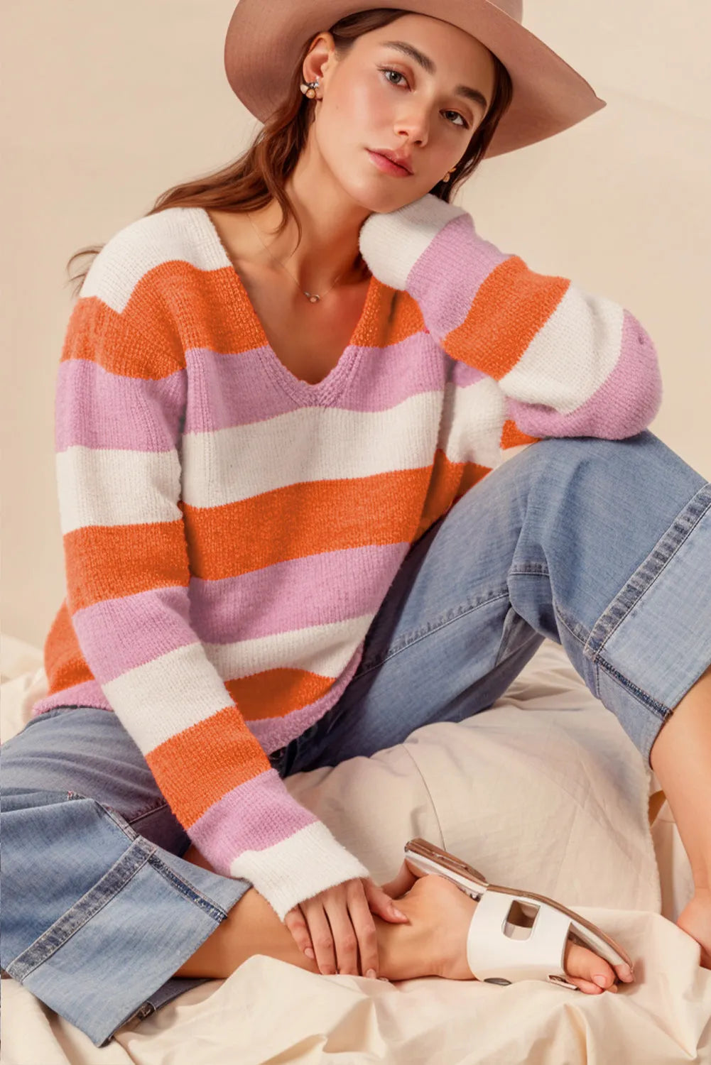 Orange Stripe Colorblock V Neck Casual Sweater - Chic Meadow Boutique 