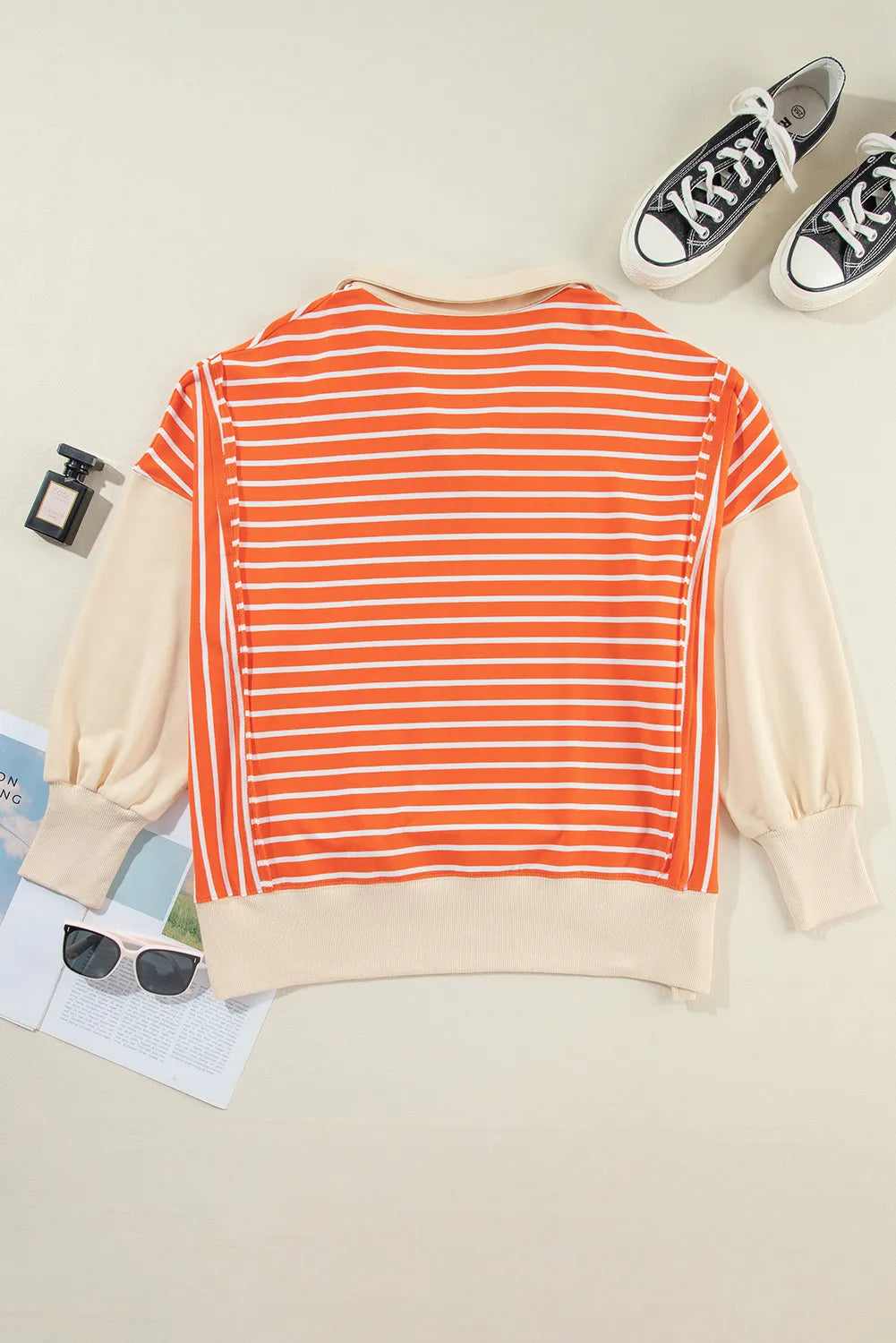 Orange Stripe Color Block Loose Fit Collared Drop Shoulder Sweatshirt - Chic Meadow Boutique 