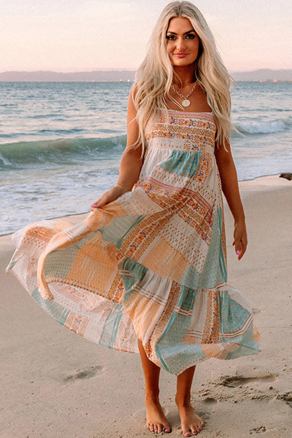 Multicolor Boho Patchwork Print Square Neck Sundress - Chic Meadow Boutique 