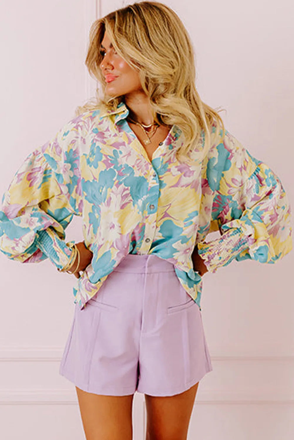 Yellow Floral Allover Print Shirred Cuff Oversized Shirt - Chic Meadow Boutique 