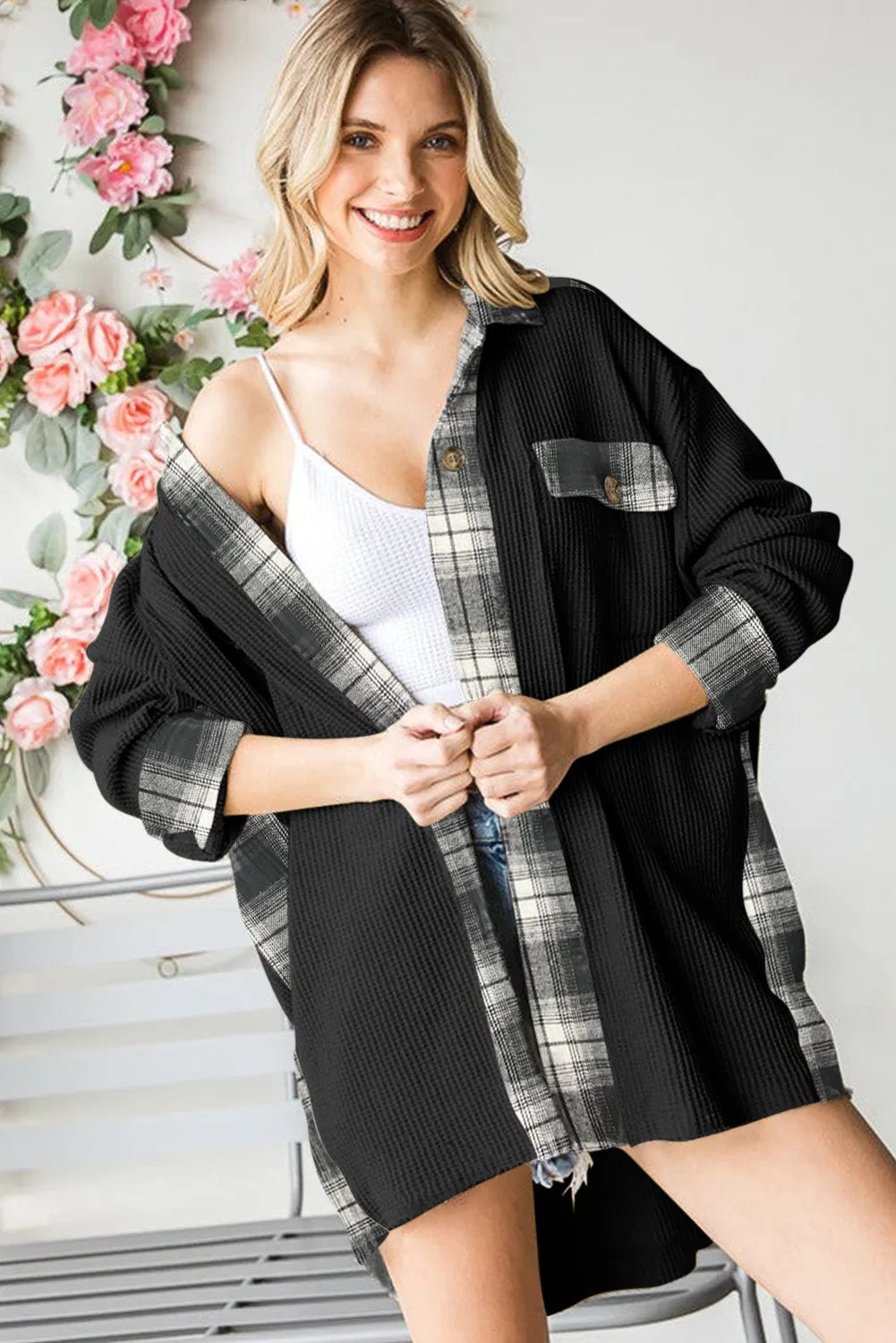 Black Plaid Patchwork Waffle Thermal Knit Shacket - Chic Meadow Boutique 