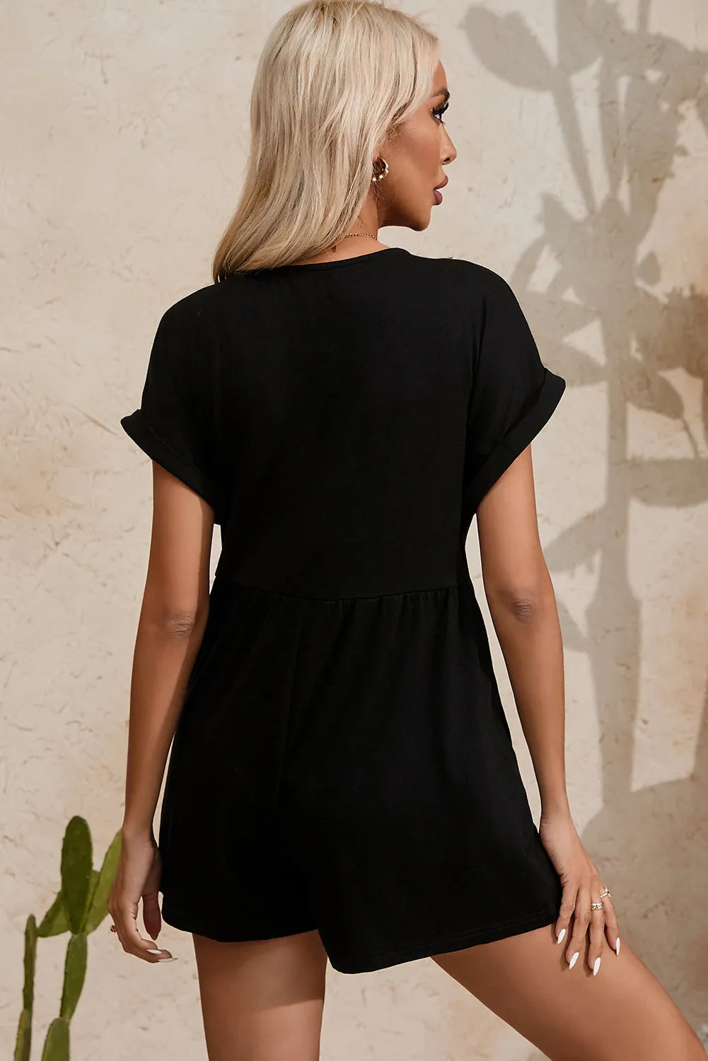 Black V Neck Buttons Loose Cuffed Short Sleeve Romper - Chic Meadow Boutique 