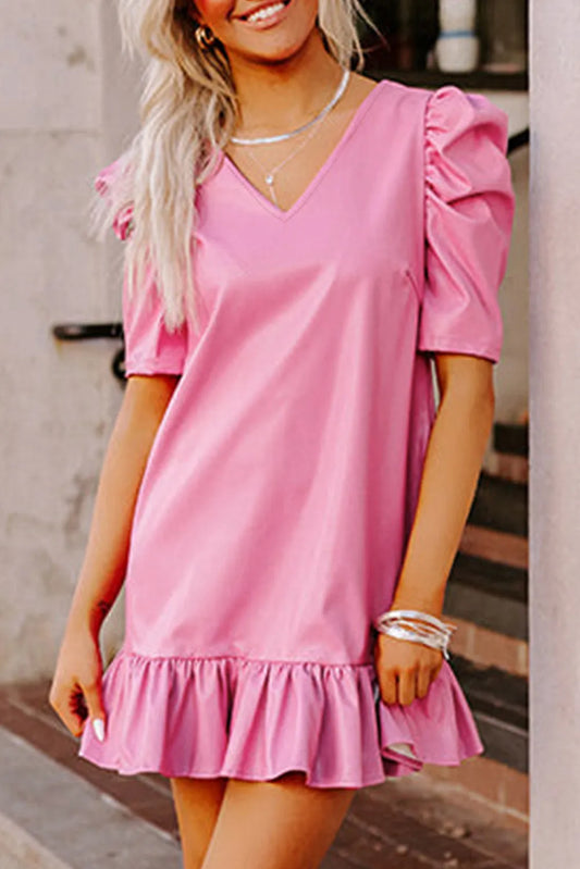 Sachet Pink Pleather Bubble Short Sleeve V Neck Ruffled Hem Mini Dress - Chic Meadow Boutique 