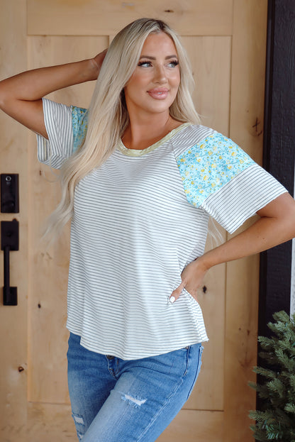 White Stripe Floral Insert Sleeves Contrast Round Neck Tee