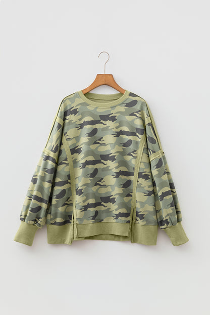 Green Camouflage Waffle Knit Raw Edge Contrast Trim Oversized Long Sleeve Top