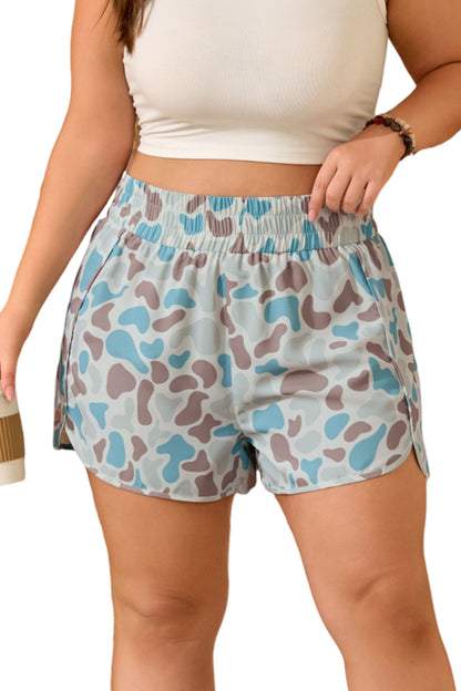 Multicolour Plus Size Camouflage Elastic Waist Athleisure Shorts