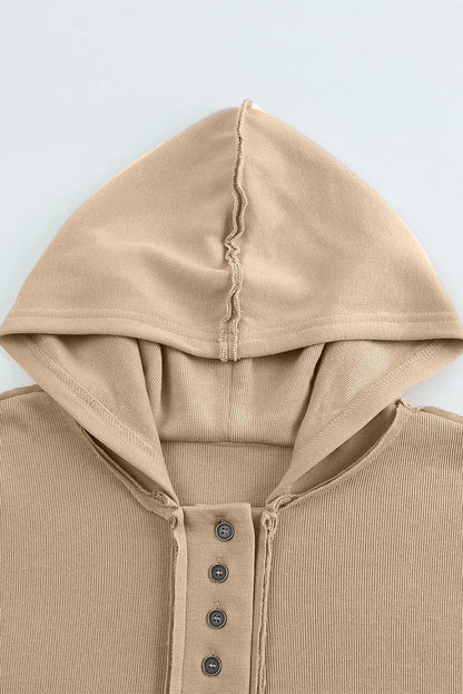 Khaki Casual Button Solid Patchwork Trim Hoodie - Chic Meadow Boutique 