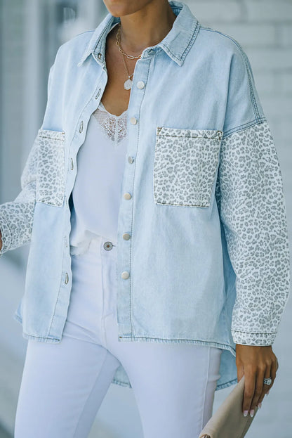 Sky Blue Contrast Leopard Denim Jacket - Chic Meadow Boutique 