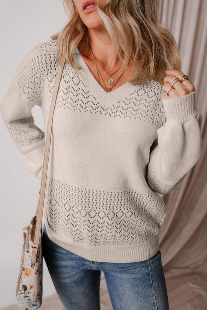 Brown Eyelet Pattern Detail V Neck Drop Shoulder Sweater