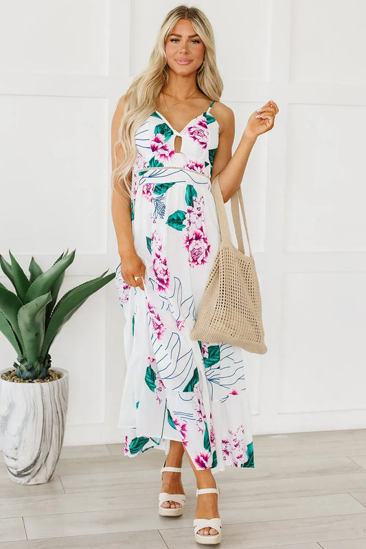 White Floral Twist Cutout Adjustable Straps Maxi Dress - Chic Meadow Boutique 