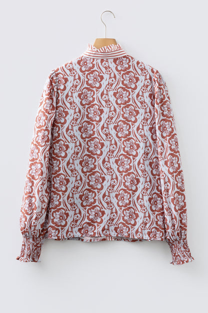 Floral Print Frilled Striped Trim Button Down Smocked Cuffs Long Sleeve Shirt