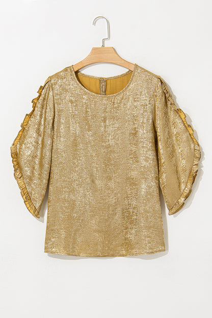 Gold Metallic Luster Frilled Half Sleeve Blouse